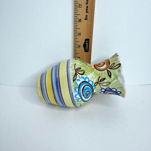 Small Hand Painted Italian Pottery Vase Signed Italy Yellow Green Blue Orange - Picture 9 of 10